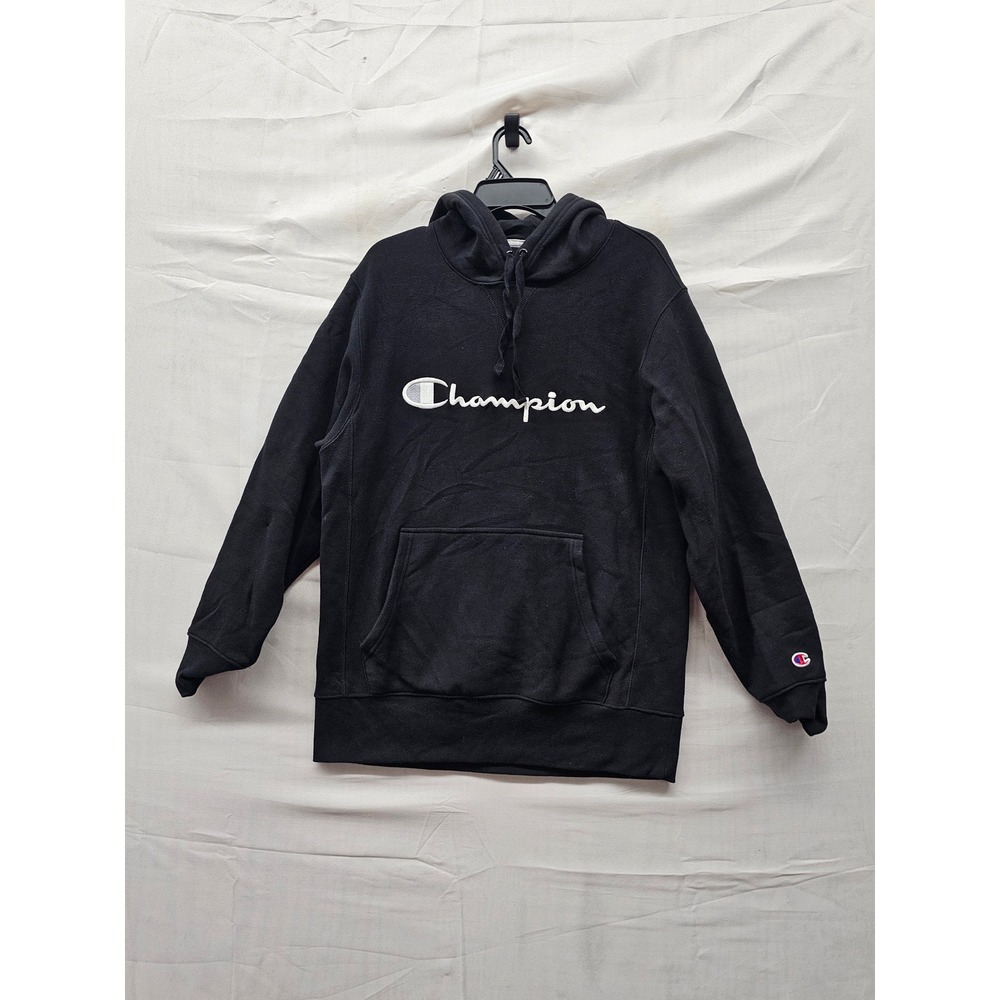 Champion Mens Pullover Hoodie Black Cotton Blend Athletic Size Medium